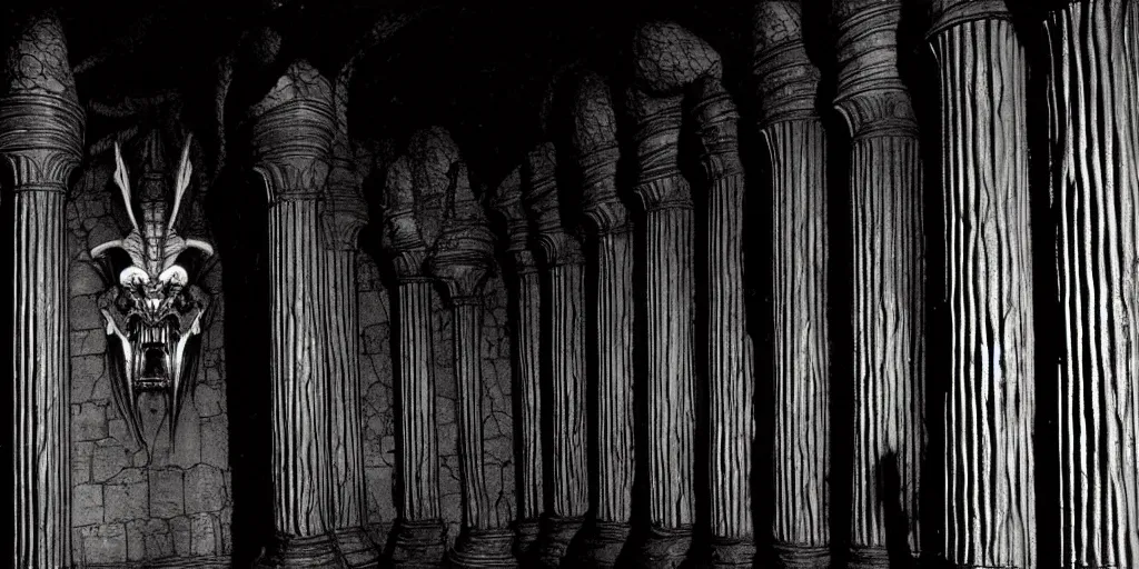 Image similar to balrog in the great hall of moria, columns along both sides of the great hall, style of h. r. giger, dark, cinematic