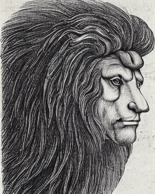 Image similar to human - eagle - lion - ox portrait. drawn by da vinci