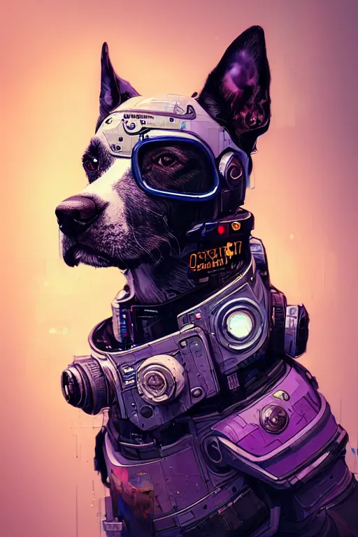 Image similar to a beautiful portrait of a cute cyberpunk dog by sandra chevrier and, greg rutkowski and wlop, purple blue color scheme, high key lighting, volumetric light, digital art, highly detailed, fine detail, intricate, ornate, complex, octane render, unreal engine, photorealistic