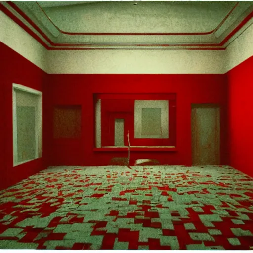 Prompt: a schizophrenia with a stratification of consciousness suffers in despondency in the hyper expanse of the red room
