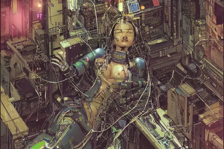 Image similar to an intricate, awe inspiring cyberpunk illustration of a female android body lying open on a labor floor, wires and cables coming out, by masamune shirow and katsuhiro otomo ((colorful)) (((super coherent)))