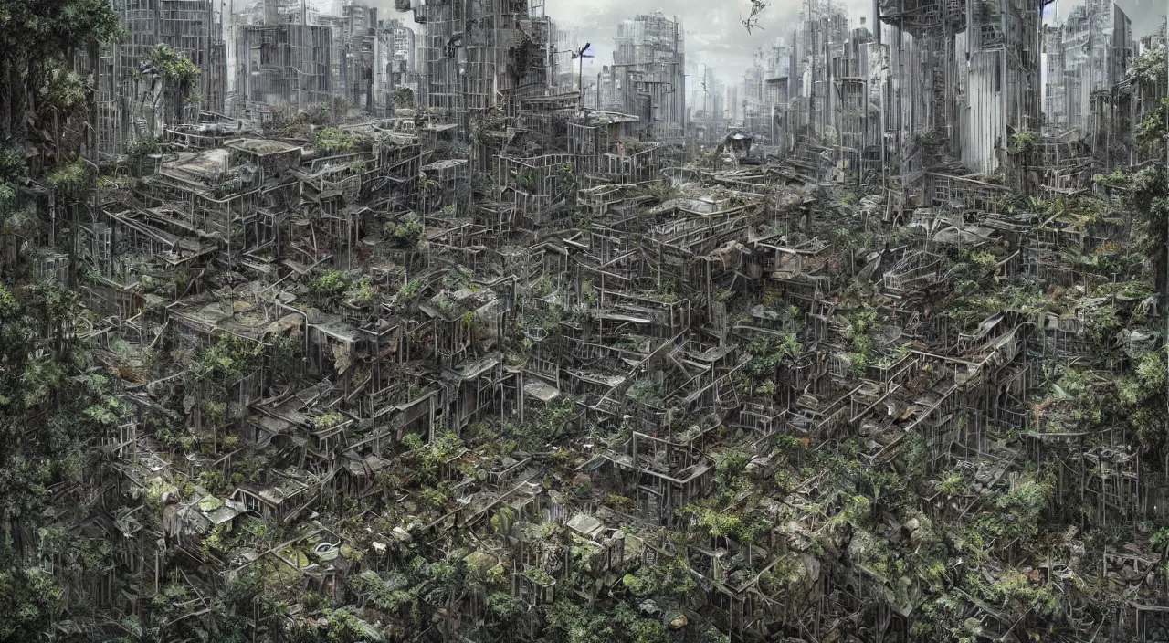 Prompt: heavily overgrown abandoned modern city, hyper detailed, realistic, art by claesz pieter