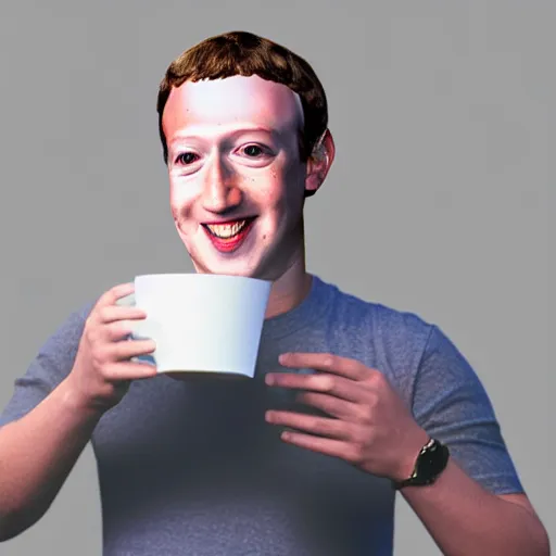 Prompt: Mark Zuckerberg as a holding a cup coaster EOS-1D, f/1.4, ISO 200, 1/160s, 8K, RAW, unedited, symmetrical balance, in-frame, Photoshop, Nvidia, Topaz AI