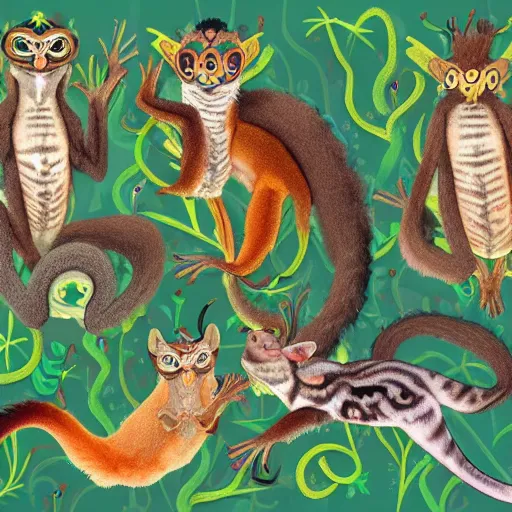 Image similar to A mix between of Margay, Gecko, Tarsier, Sugar glider, Sand cat, Bee hummingbird, Pygmy hippopotamus , Leafy sea dragon, Elephant Shrew, Klipspringer, Fennec Fox, Tawny frogmouth, Quetzal and Star-nosed mole