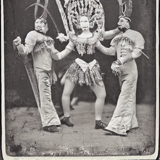 Prompt: carnival performers, eerie, black and white photo, historic, realistic, highly detailed, 1 8 0 0 s