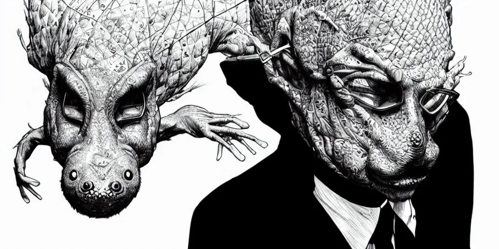 Image similar to a man in a black suit wearing an axolotl mask. ultrafine hyperdetailed illustration by kim jung gi