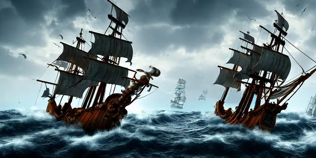 Image similar to pirate ship on rough seas, pirate ship being attacked by sea monsters, photorealistic illustration, high quality render, 8 k resolution