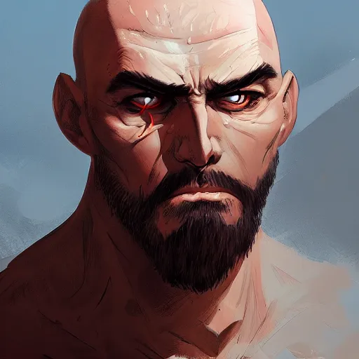 Image similar to bald man with iron spikes driven through his eyes, portrait, behance hd artstation, style of jesper ejsing