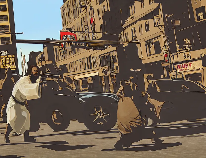 Prompt: illustration of jesus in robes aiming down the barrel of a shotgun in dimes square new york city in the style of gta v artwork, stephen bliss, highly detailed