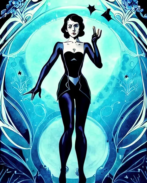 Prompt: beautiful stella maeve magician, black magic spells, in the style of joshua middleton, rafeal albuquerque comicbook cover art, creepy pose, spooky, symmetrical face and body, vibrant cinematic lighting, detailed realistic symmetrical eyes, insanely detailed and intricate elegant, aquapunk, titian, bioshock, underwater home
