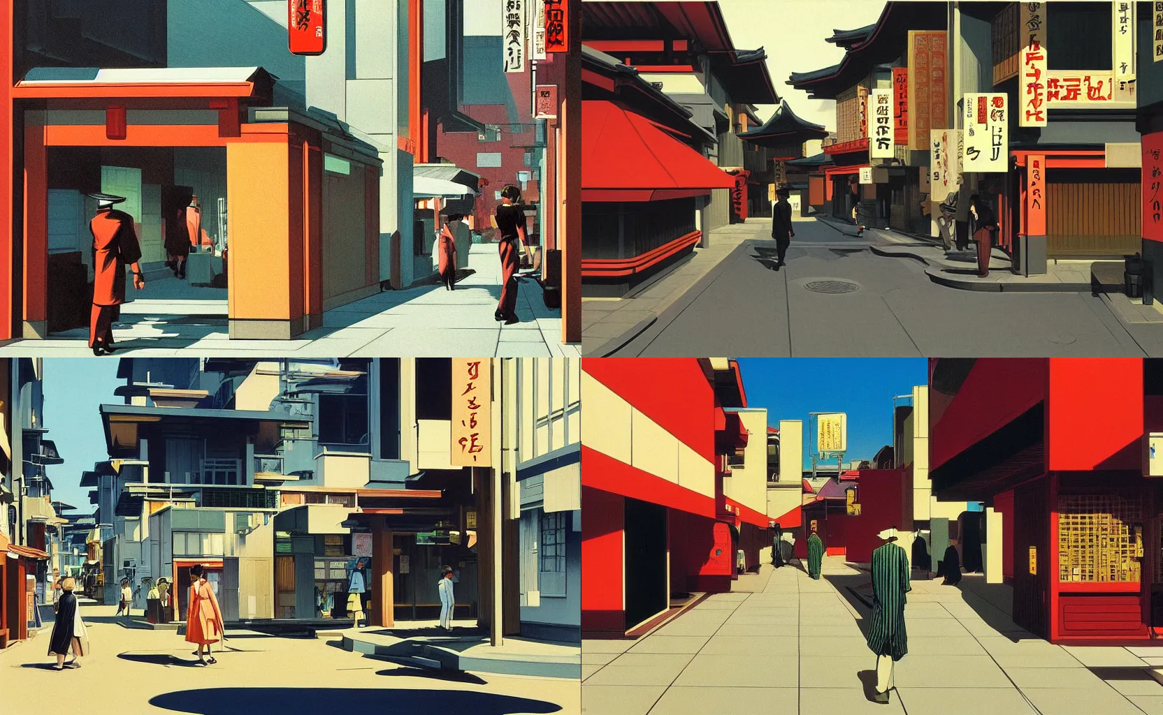 Prompt: a futuristic street in Kyoto, painting by Syd Mead and Edward Hopper