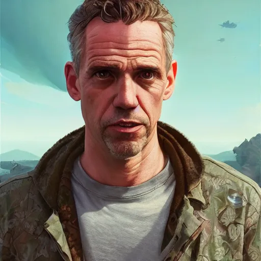 Image similar to highly detailed portrait, jordan peterson, in gta v, stephen bliss, unreal engine, fantasy art by greg rutkowski, loish, rhads, ferdinand knab, makoto shinkai and lois van baarle, ilya kuvshinov, rossdraws, tom bagshaw, global illumination, radiant light, detailed and intricate environment