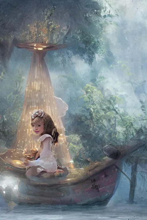 Prompt: a portrait of a cute little girl with a beautiful braid, sitting in a small bamboo boat, holding up a night lamp, concept art, realism, moonlit night dreamy atmosphere, butterflies in the fog in a bokeh background, artstation, 8K