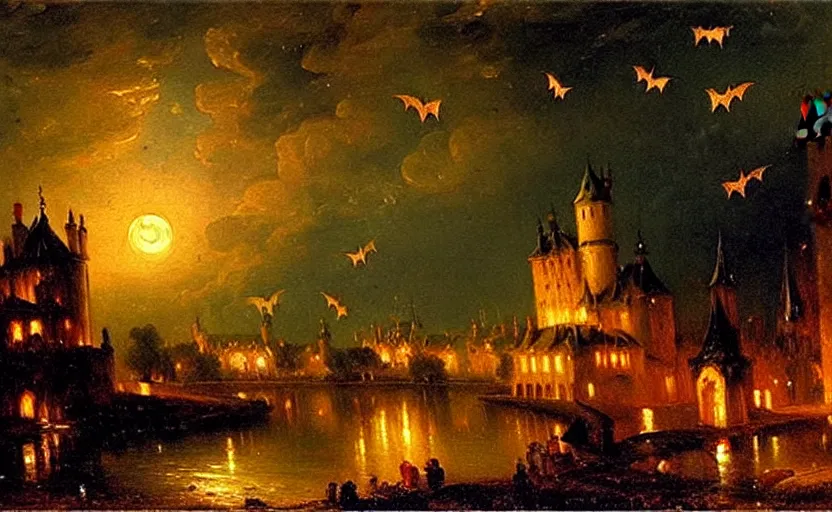 Image similar to oil painting by karl bryullov, french gothic burning! castle at night, bats flying away from castle, blur, bokeh