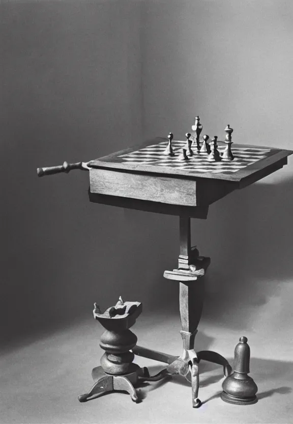 Prompt: a chess machine sitting on a table, a surrealist sculpture by marcel duchamp, archival pigment print, 1 9 1 4, conceptual art, artwork, academic art, surrealist