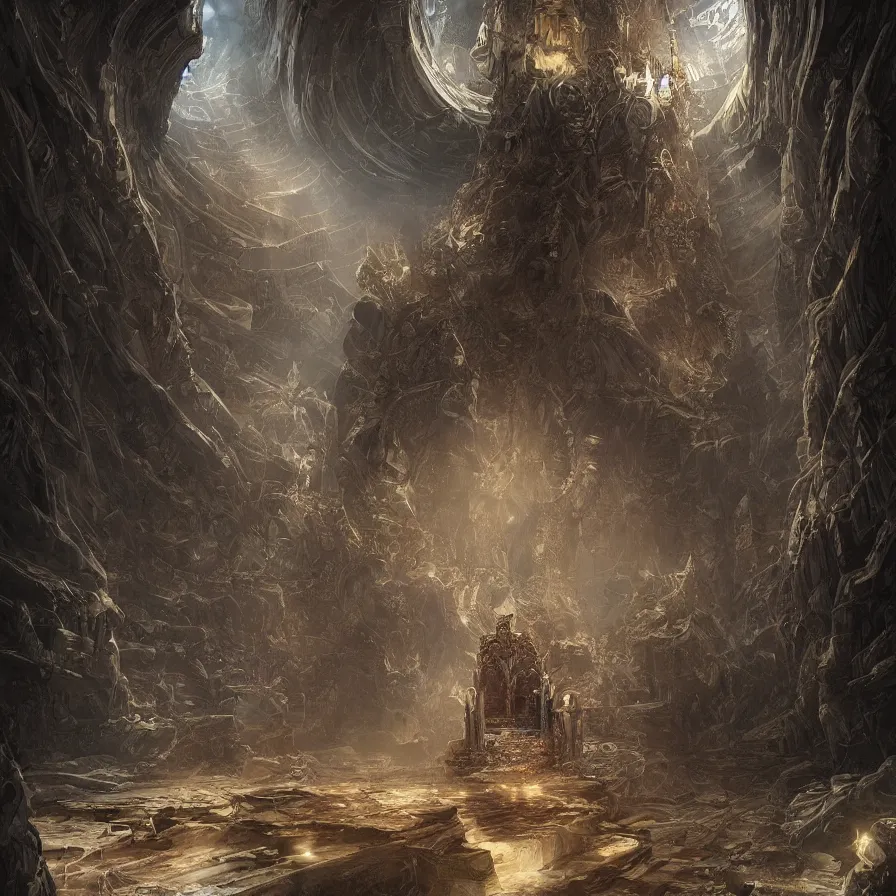 Image similar to digital painting of daniel dociu representing a throne room where a sun ray illuminate the throne, fantasy, elegant, highly detailed, matte, illustration