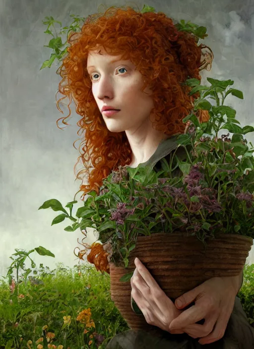 Prompt: curly redhead gardener wearing a giant flower pot as outfit physically accurate, moody dynamic lighting, very very intricate, very very elegant, highly detailed, digital painting, artstation, HR GIGER, Hieronymus Bosch, Francis Bacon, concept art, smooth, very beautiful, sharp focus, illustration, art by artgerm and greg rutkowski and alphonse mucha