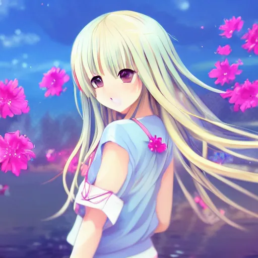 Image similar to a very beautiful anime girl, full body, long wavy blond hair, sky blue eyes, full round face, short smile, cute top, miniskirt, flower in hair, summer lake setting, cinematic lightning, medium shot, mid-shot, highly detailed, trending on Artstation, Unreal Engine 4k, cinematic wallpaper by Stanley Artgerm Lau, WLOP, Rossdraws, James Jean, Andrei Riabovitchev, Marc Simonetti, and Sakimichan