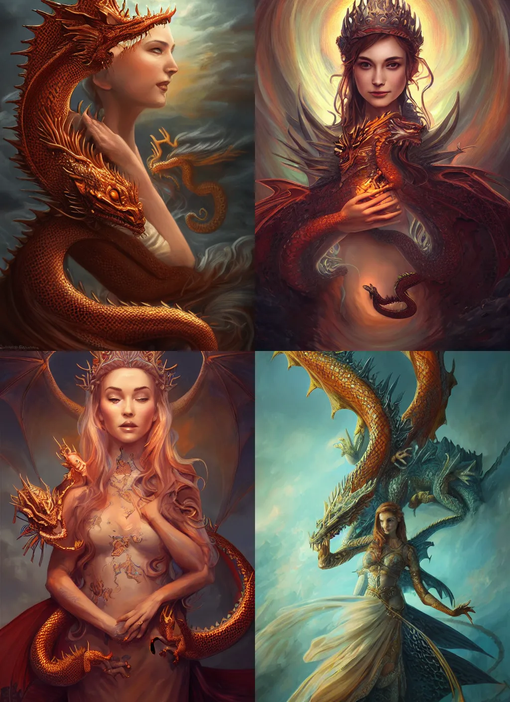 Prompt: a beautiful detailed oil on copper art illustration of a queen of dragons, centered, has a baby dragon in her hands, by charlie bowater, zeng fanzh, trending on artstation, vivid colors, dim dusk lighting, cinematic lighting, detailed lighting, volumetric lighting, realistic, f 8, 4 k hd wallpaper