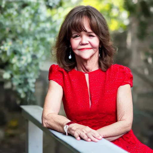 Image similar to dslr portrait still of young sally field wearing a beautiful red dress, 8 k 8 5 mm f 1. 4