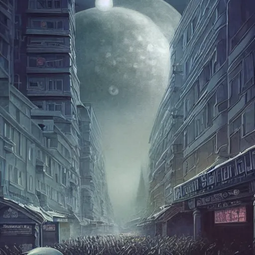 Image similar to It’s crowded on the streets of Russian commie blocks on the Moon city, Norilsk, sci-fi, fantasy, earth seen on the dark sky, intricate, very very beautiful, elegant, highly detailed composition, digital rendering, artstation, concept art, smooth, sharp focus, illustration, art by artgerm and greg rutkowski and alphonse mucha