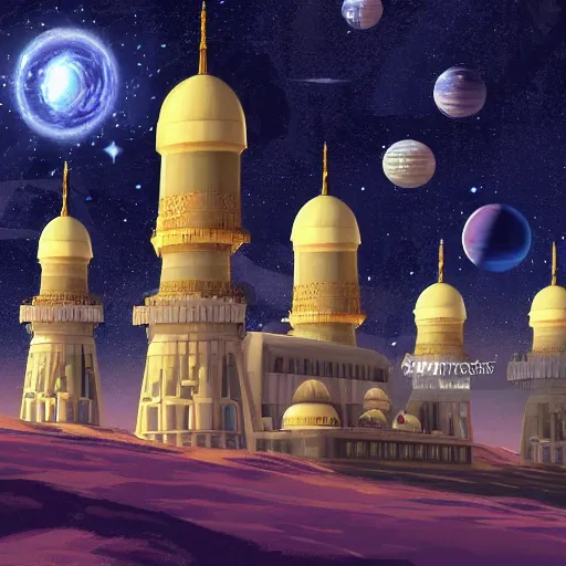 Prompt: ottoman sultanate space base, minarets, in space with stars glittering in the background, pulp science fiction illustration