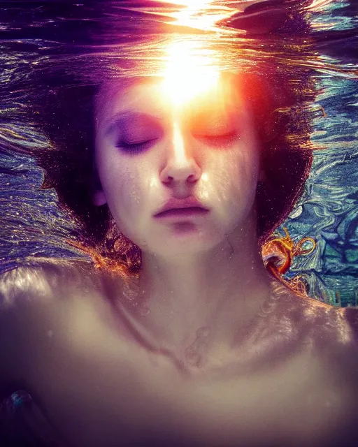 Image similar to photo portrait of woman underwater during sunrise, sunrays, wearing flowing fabric!!, caustics, rippling water, photoshoot, flowing hair, haunting, iconic, fine-art, masterpiece, trending on artstation