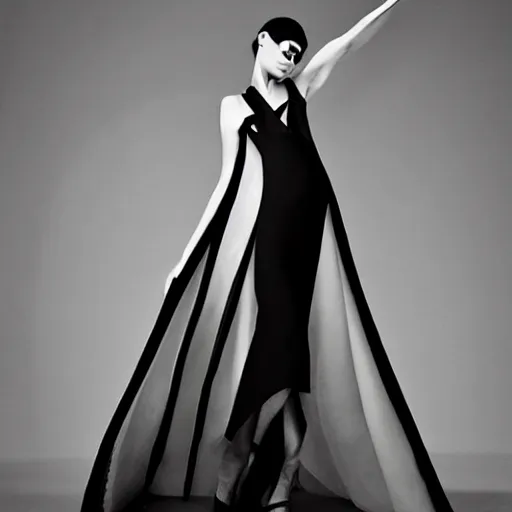 Image similar to a model dressed in an avant garde haute couture dress, angular minimalism, vogue editorial photo, sharp focus dynamic light