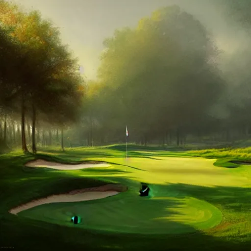 Prompt: Concept art, beautiful painting of a golf course in the midst of metropolis city, green spaces, 8k, Jeremy Cheung, greg rutkowski, artstation