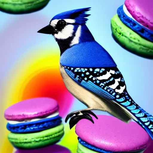 Image similar to A photograph of a (photorealistic blue jay) standing on a large basket of rainbow macarons.