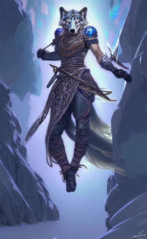 Image similar to iridescent opal ninja warrior, wolf armor, winter, morandi color scheme, hd, illustration, epic, d & d, fantasy, intricate, elegant, highly detailed, wide angle, digital painting, artstation, concept art, smooth, sharp focus, illustration, wallpaper, art by artgerm and greg rutkowski and alphonse mucha and jin xiaodi