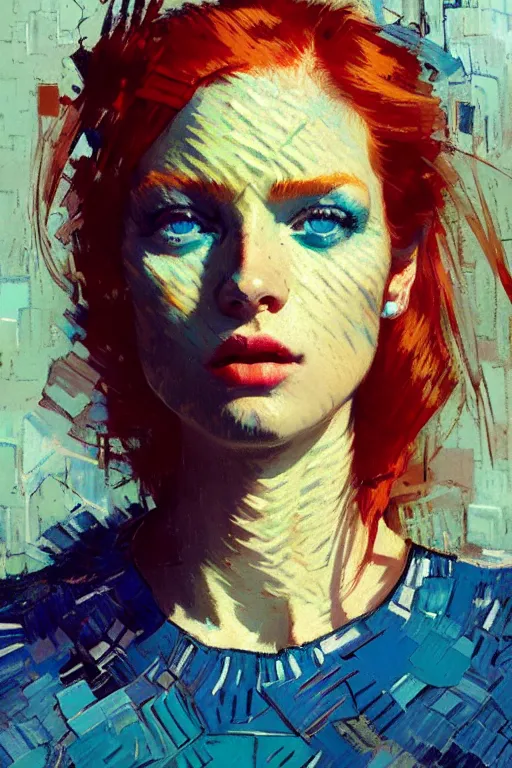 Image similar to portrait of a beautiful girl, redhead, shades of blue, beautiful face, rule of thirds, intricate outfit, spotlight, by greg rutkowski, by jeremy mann, by francoise nielly, by van gogh, digital painting