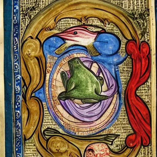 Image similar to medieval illuminated manuscript bible page depicting jonah in the belly of the whale