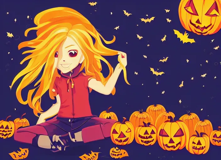 Prompt: little girl with long golden blonde hair sitting on a pile of halloween pumpkins and skulls. clean cel shaded vector art. shutterstock. behance hd by lois van baarle, artgerm, helen huang, by makoto shinkai and ilya kuvshinov, rossdraws, illustration, art by ilya kuvshinov