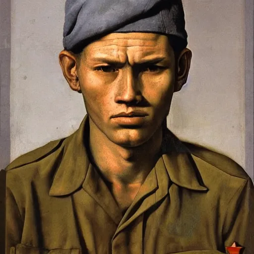 Image similar to portrait of a vietnam war soldier by caravaggio, posing, face, clair - obscur, highly detailed