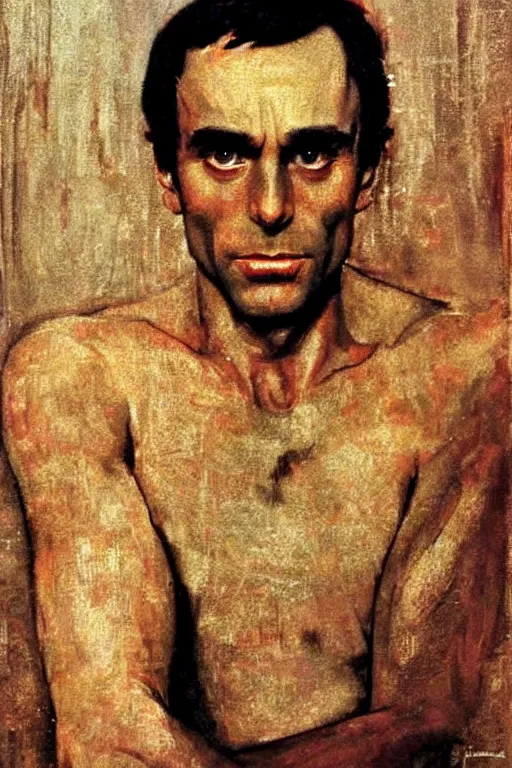 Image similar to a closer personal portrait of ted bundy with very piercing eyes, very charismatic. in the old ancient temple of luxor. masterpiece, dark. painted by norman rockwell and james gurney