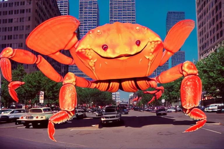 Image similar to 2 0 1 5 cute giant crab terrorizing a city, googie city, americana, fishcore, hd 8 k, photography cinestill