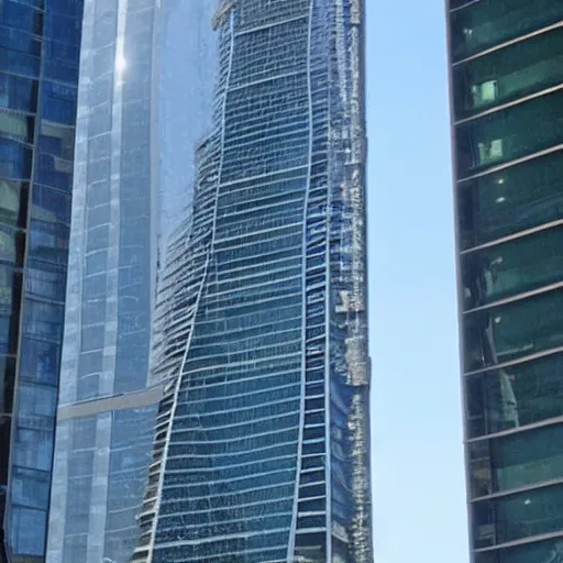 Prompt: a glass skyscraper in the shape of a human body