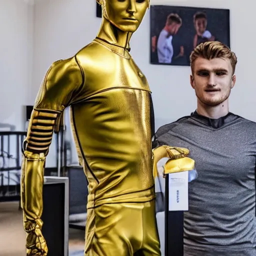 Image similar to a realistic detailed photo of a guy who is an attractive humanoid who is half robot and half humanoid, who is a male android, soccer players martin ødegaard & timo werner, shiny skin, posing like a statue, blank stare, in a living room, on display, showing off his muscles, gold soccer shorts, no jersey, statue, many copies of them