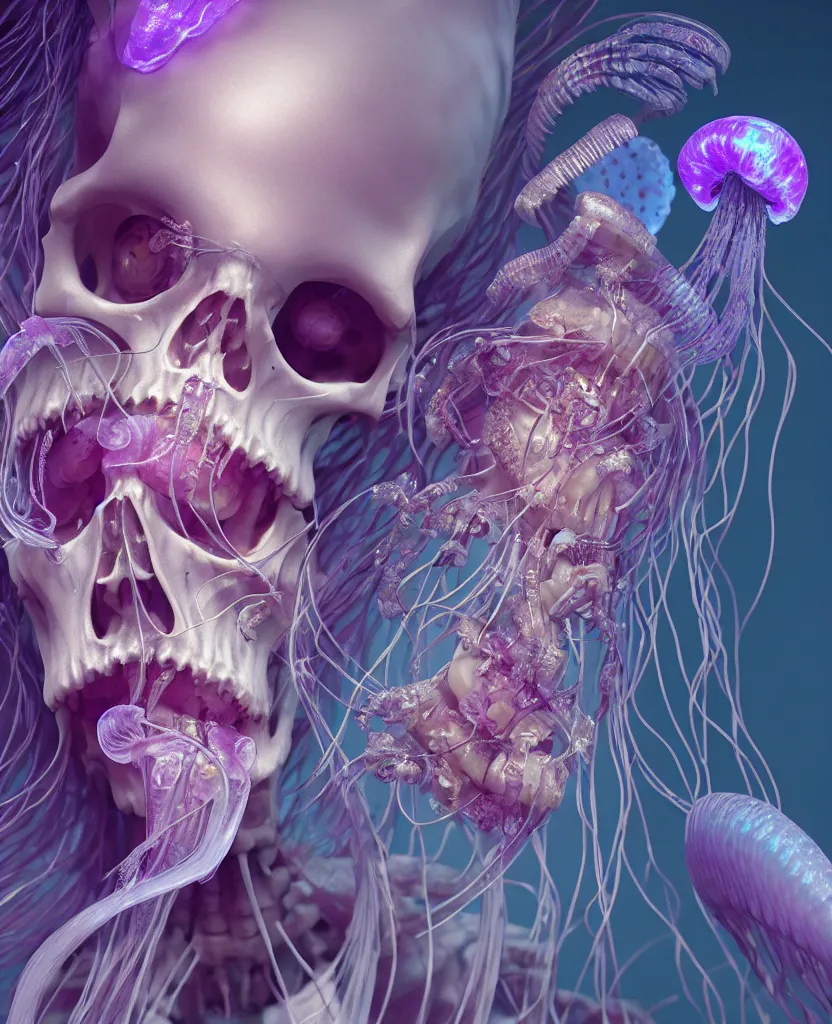 Image similar to goddess close - up portrait human skeleton, ram skull, jellyfish, orchid, betta fish, bioluminiscent, intricate artwork by tooth wu and wlop and beeple. octane render, trending on artstation, greg rutkowski very coherent symmetrical artwork. cinematic, hyper realism, high detail, octane render, 8 k