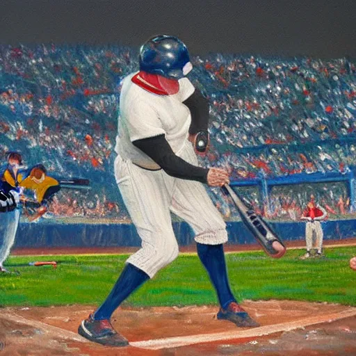 Prompt: baseball player hitting the ball with the baseball bat in the middle of the game and in front of everyone in the stadium, james gurney painting style