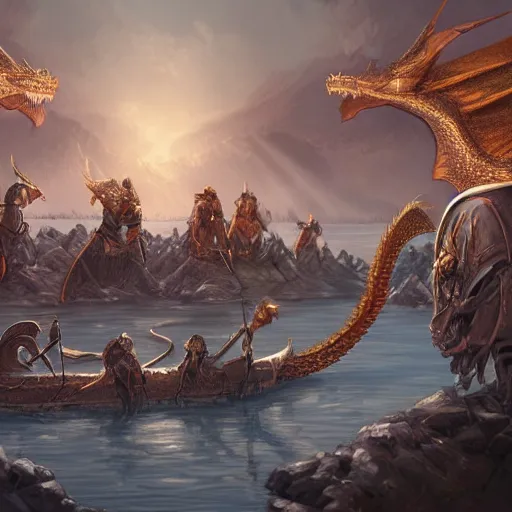 Image similar to 7 knights in golden armor watching a dead dragon body crushed in a lake, fantasy, highly detailed, digital painting, artstation, concept art, illustration