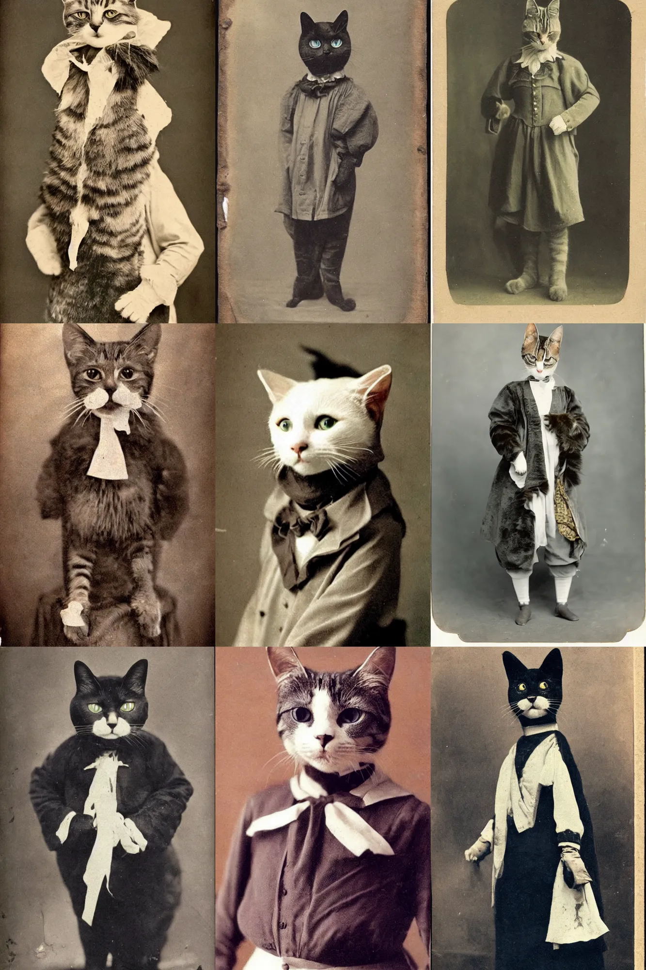 Prompt: anthropomorphic color photo of a cat wearing a costume from 1 9 0 0 era, realistic