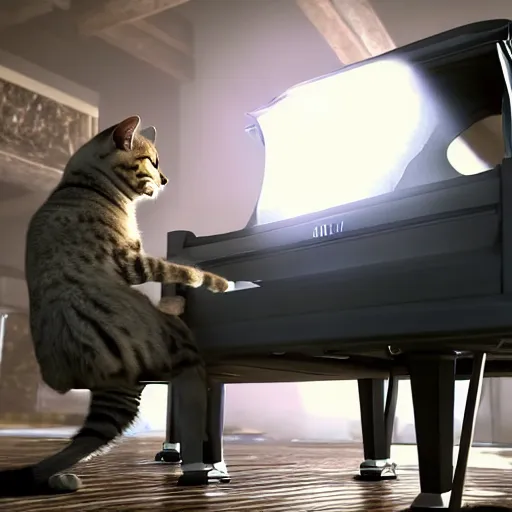 Prompt: atmospheric screenshot of a cat playing on piano in call of duty, 4k