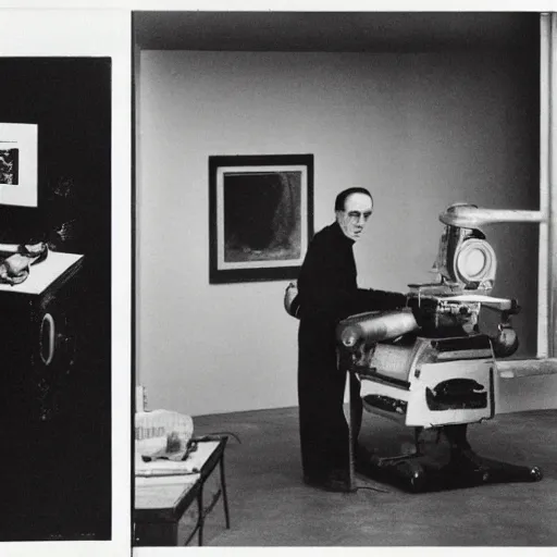 Image similar to underexposed photo of Marcel Duchamp in a room full with an ancient machine, tri-x, archival pigment print in the style of Hito Steyerl, contemporary art