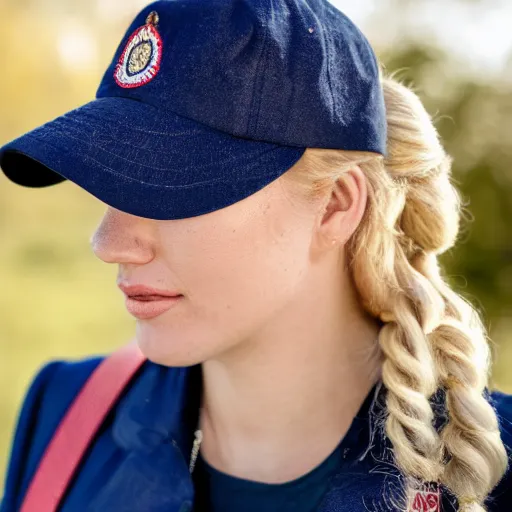 Prompt: close up of a blonde woman, with braided hair over the shoulder, wearing a navy blue utility cap, polarized sports sunglasses, and a navy blue military uniform with bulletproof vest, 8 5 mm f / 1. 4