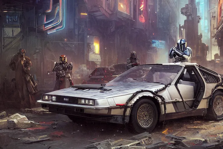 Image similar to photograph of the mandalorian entering a delorean driving down the streets of a cyberpunk abandoned city, back to the future, by greg rutkowski, by stanley artgerm, by alphonse mucha