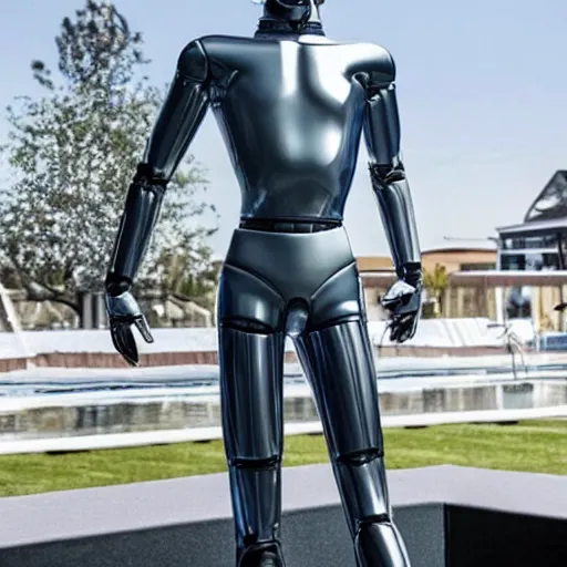 Image similar to a realistic detailed photo of a guy who is an attractive humanoid who is half robot and half humanoid, humanoid robot, by the pool, posing like a statue, who is a male android, blank stare, on display, made of ice, shiny skin, frozen ice statue, showing off his muscles, f 1 driver charles leclerc