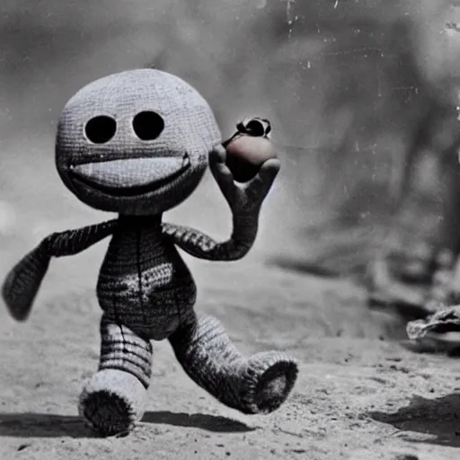 Prompt: historical photo of Sackboy in Vietnam