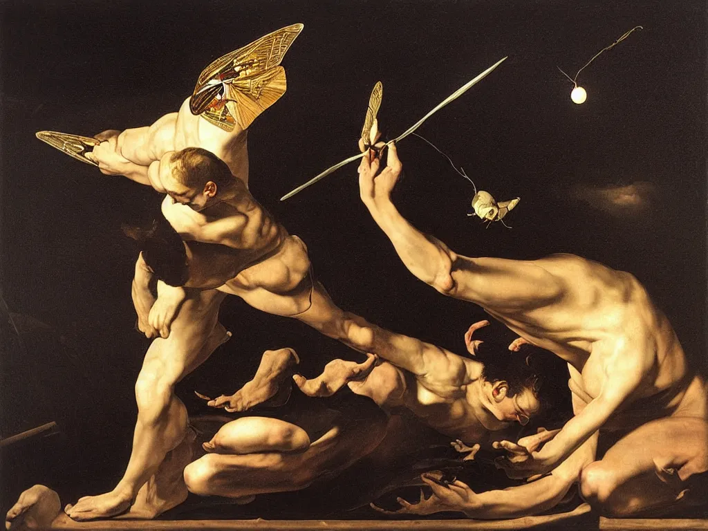 Image similar to Man fighting a phosphorescent moth under the stars, painting by Caravaggio